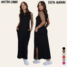 Vestido Longo Blogueira Feminino Cavado Conforto 100 Algodão,Macio com Bolsos,Fenda na Lateral