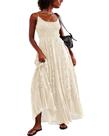 Vestido longo boho Gacaky em renda bordada bege P