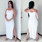 Vestido Longo Canelado Branco Festa Com Fenda Costa Fechada Alcinha Ano Novo Reveillon