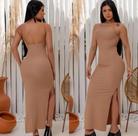 Vestido Longo Canelado Com Fenda Lateral
