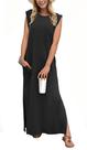 Vestido longo casual de verão feminino GRECERELLE preto com bolsos Vestido longo casual de verão feminino GRECERELLE preto com bolsos