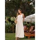 Vestido longo de linho estilo bata, elegante, sem mangas, com busto franzido, barra reta e tecido se