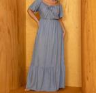 Vestido Longo Decotado Cinza De Viscolinho Tam G1