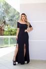Vestido Longo Dupla Fenda Decote Canoa Manga Meia Estação