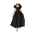 Vestido Longo Elegante De Cetim Para Mulheres Com Decote Quadrado, Manga Bufante, Cintura Ajustada,