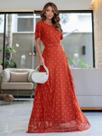 Vestido Longo Elegante de Festa Casamento Formatura Manga Curta com Babado Cinto Cor:TerracotaTamanho:GG