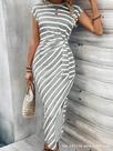 Vestido Longo Elegante Listrado De Verão Para Mulheres Com Cinto Na Cintura, Decote Redondo E Manga