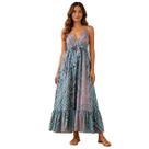 Vestido Longo Estampado Alça Fina Leve Solto Cor:AzulTamanho:M