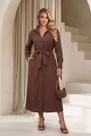 Vestido Longo Estilo Camisão Botões E Cinto Faixa Cor:MarromTamanho:G