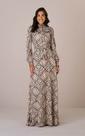 Vestido Longo Evangélico Bege Tatá Martello Cecília Crepe Italy, Botões Funcionais, Lastex, Forrado com Faixa