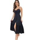 Vestido Longo Feminino Botão Na Frente Babado e Alça