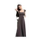 Vestido Longo Feminino Cinza Estilo Francês Com Manga Curta E Cintura Ajustada Elegante Para O Verão