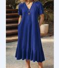 Vestido Longo Feminino De Algodão E Cânhamo Com Decote Em V E Mangas Curtas, Estilo Vestido Longo Feminino De Algodão E Cânhamo Com Decote Em V E Mangas Curtas, Estilo