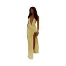 Vestido Longo Feminino Sexy Com Decote Halter, Costas Nuas, Sem Mangas, Fendas Altas E Decote V Vestido Longo Feminino Sexy Com Decote Halter, Costas Nuas, Sem Mangas, Fendas Altas E Decote V