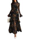 Vestido longo floral GothDark em tule transparente com manga sino