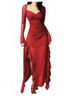 Vestido longo GORGLITTER Gothic Ruched Red com fenda para mulheres