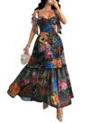 Vestido longo GothDark floral escuro com babados em camadas, mesh, evasê