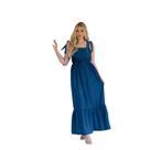 Vestido Longo Jeans Alça Azul com Babado Moda Feminina