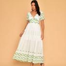 Vestido longo lese bordado algodão decote V manga curto 0032