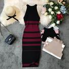 Vestido Longo Listrado De Malha Para Mulheres, Decote Redondo, Estilo Slimming Para Escritório,