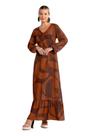 Vestido Longo Lunender Manga Longa Estampa Marrom Vestido Longo Lunender Manga Longa Estampa Marrom