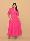 Vestido longo luxo lese gola botão bordado algodão manga curto 0070