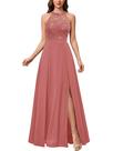 Vestido longo Miusol tamanho XG com decote halter, renda e lantejoulas, cor canela Vestido longo Miusol tamanho XG com decote halter, renda e lantejoulas, cor canela