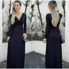 Vestido Longo Outono Inverno Manga Longa Decote Em V Vestido Longo Outono Inverno Manga Longa Decote Em V