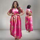Vestido Longo Plus Size Em Viscolinho Leve Gola Em V Cinto