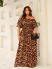 Vestido Longo Plus Size Estampado Onça De Oncinha Manga Curta Godê Casual Elegante Acinturado Festa