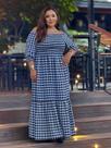Vestido Longo Plus Size Xadrez Ombro a Ombro Manga Inverno Moda Country Festa Junina