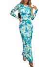 Vestido Longo PRETTYGARDEN Estampa Floral Manga Longa Azul G