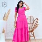 Vestido Longo Rosa, Crepe Seda, Saia 3 Marias, Decote Quadrado, Cinto Forrado, Zíper, Forro, Enncante BM1247R
