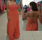 Vestido longo sem alça com trançado nas costas