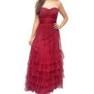 Vestido Longo sem alça em Tule com Babados Marsala