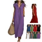 Vestido longo sem mangas com decote V e babados, algodão e linho, roxo, tamanho S