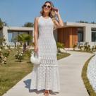 Vestido Longo Tricot Renda Sem Manga Cor:VermelhoTamanho:U