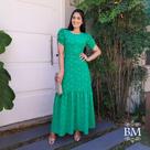 Vestido Longo, Verde, em Crepe Bordado, Manga Drapeada, Zíper Costa, Cinto, Forro, Collucci BM1178