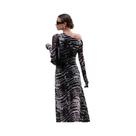 Vestido Longo Vintage Com Estampa Listrada Para Mulheres, Clássico Com Ombro Inclinado E Manga Longa Vestido Longo Vintage Com Estampa Listrada Para Mulheres, Clássico Com Ombro Inclinado E Manga Longa