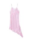 Vestido MakeMechic, renda, cetim, assimétrico, alça espaguete, rosa