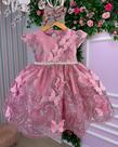 Vestido Marie Jardim Encantado Luxo Rose Realeza com apliques borboletas