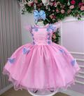 Vestido Marie Jardim Encantado Rosa com Borboletas Azuis Vestido Marie Jardim Encantado Rosa com Borboletas Azuis