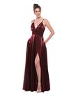 Vestido Marsala semi - evase com alça fina, costas aberta, bolso e decote em V.