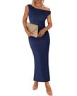 Vestido maxi BTFBM feminino, verão 2025, um ombro, franzido, azul marinho