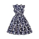 Vestido Maxi Com Estampa De Folhas Azul Royal E Mangas Em Forma De Asa Para Meninas Pré-Adolescentes