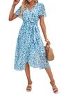 Vestido Maxi Cruzado de Flores Azul Medio PRETTYGARDEN con Escote en V