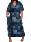 Vestido maxi EQQZD Plus Size com decote em V com estampa de jeans sintético com bolsos