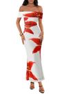 Vestido maxi feminino MEROKEETY com ombros largos, vermelho floral