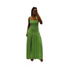 Vestido Maxi Feminino Transparente Com Drapeado, Frente Única, Sem Mangas, Decote Nas Costas,