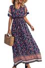 Vestido Maxi Floral Azul Marinho PRETTYGARDEN com Decote V e Tamanho Médio